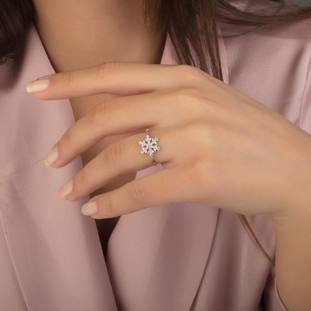 Snowflake White Solid Gold Ring 14K