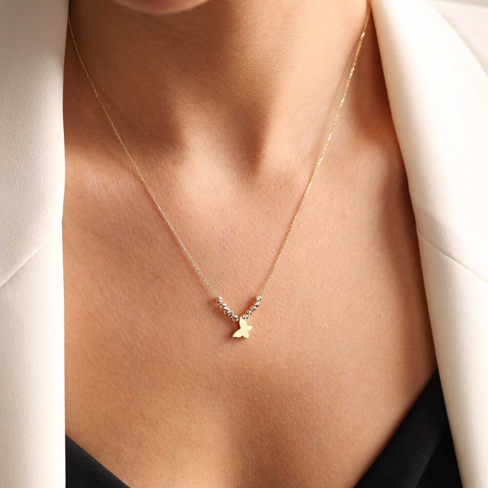 Butterfly Solid Gold Necklace Beaded