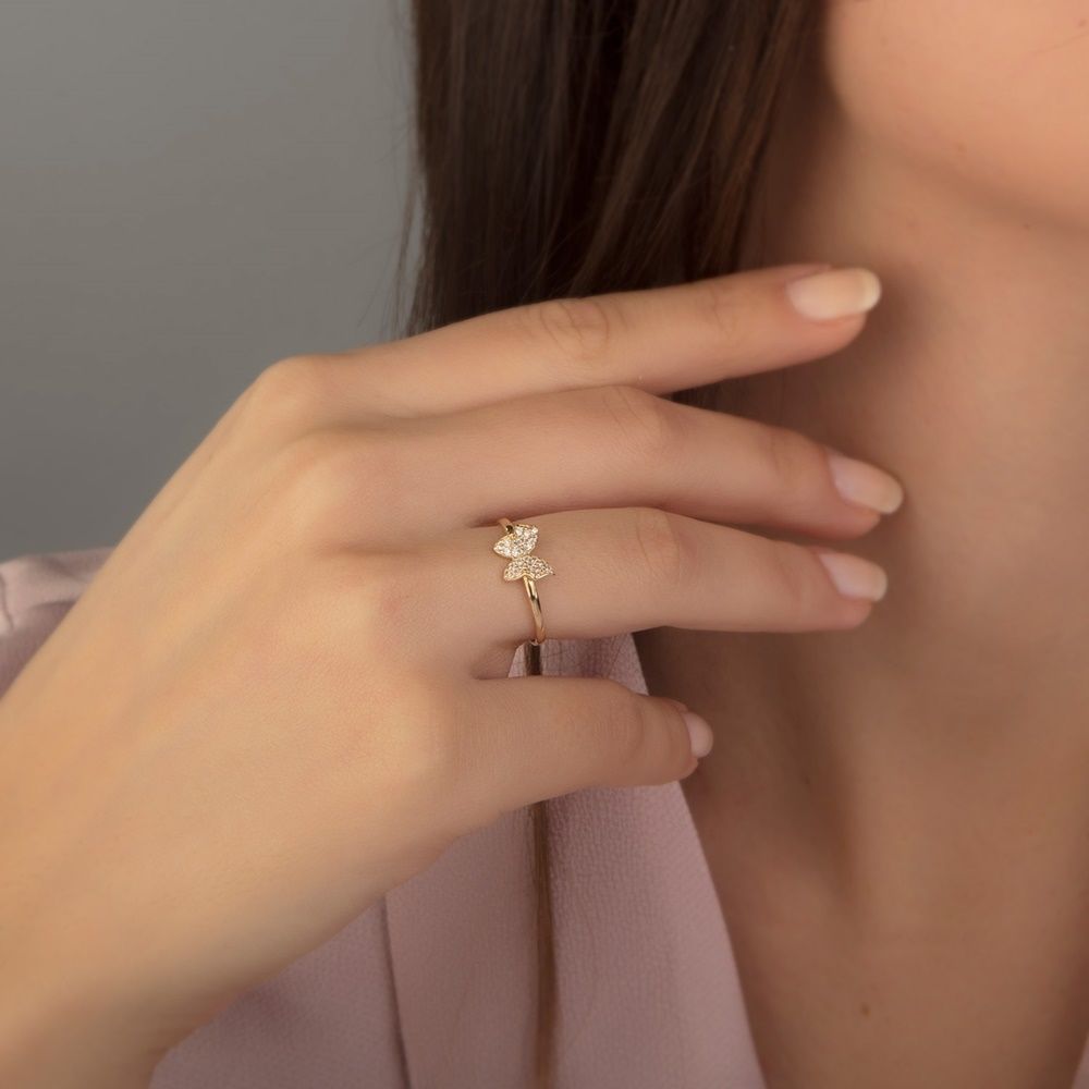 Butterfly Solid Gold Ring 14K With Gemstone