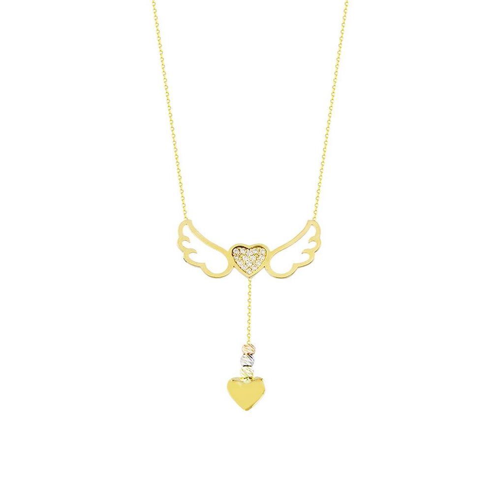 14K Solid Gold Angel Wing Heart Necklace
