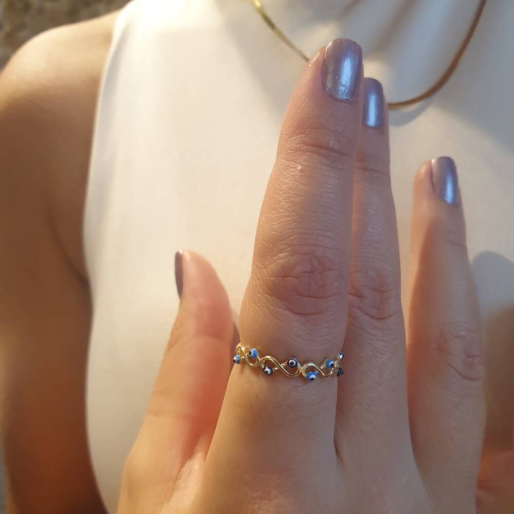 Solid Gold 14K Ring Evil Eye Infinity Design Enamel