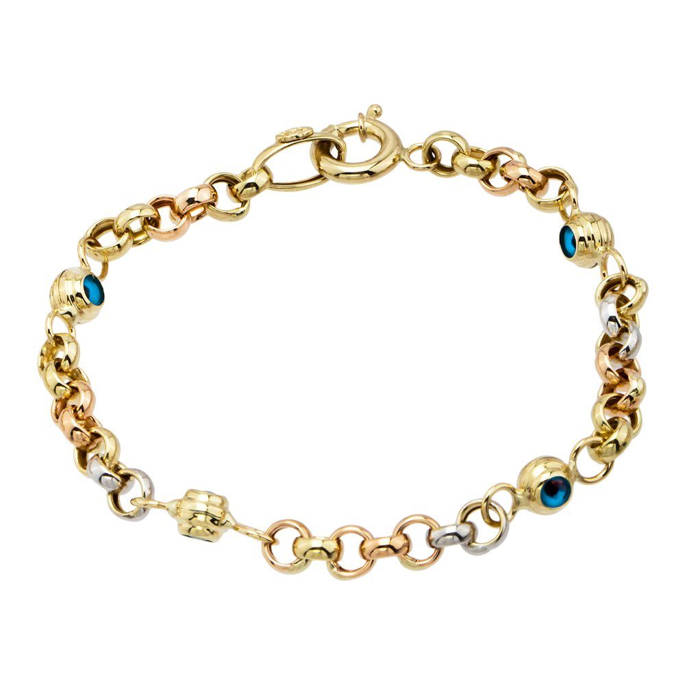 Evil Eye Solid Gold Bracelet Triacolor