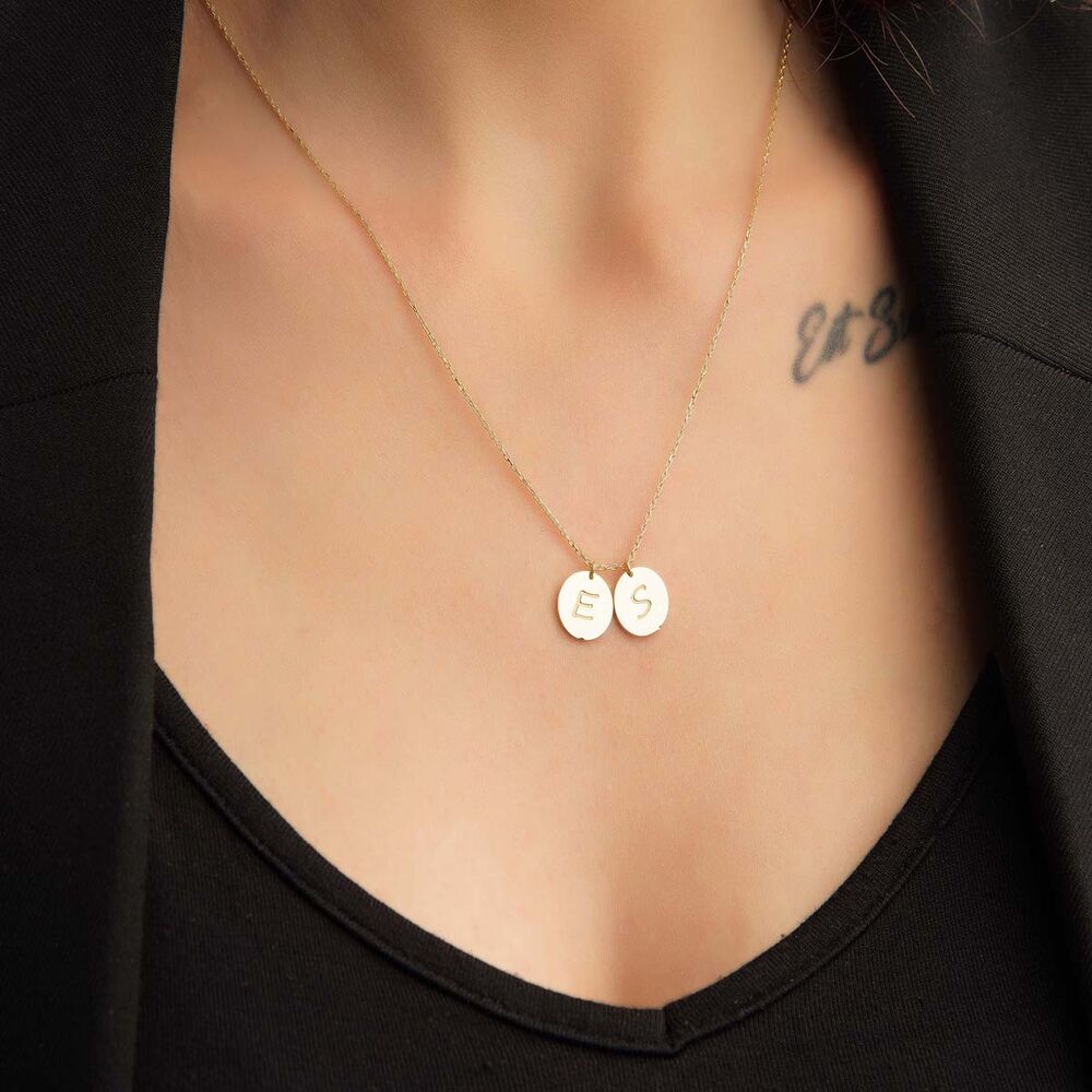 Plate Solid Gold Double Initial Necklace 14K Yellow Solid Gold