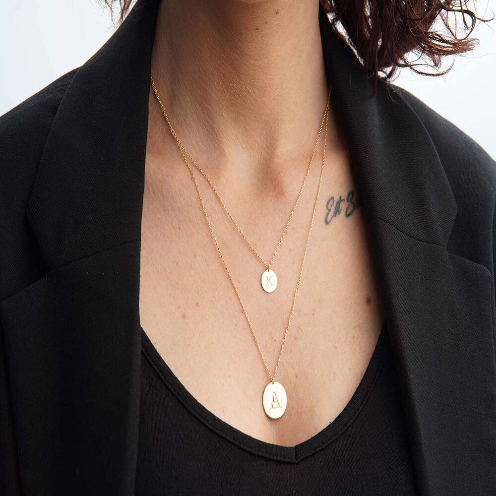 Plate Solid Gold Double Initial Necklace 14K Yellow Solid Gold Double Chain