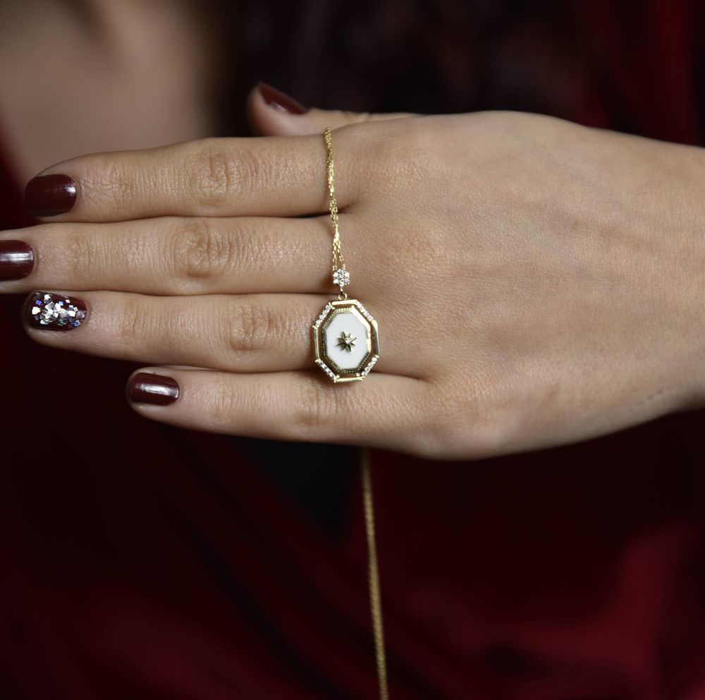 Compass Solid Gold Necklace Locket White Enamel
