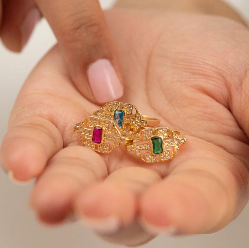 Colorful Gemstones Solid Gold Baguette Ring