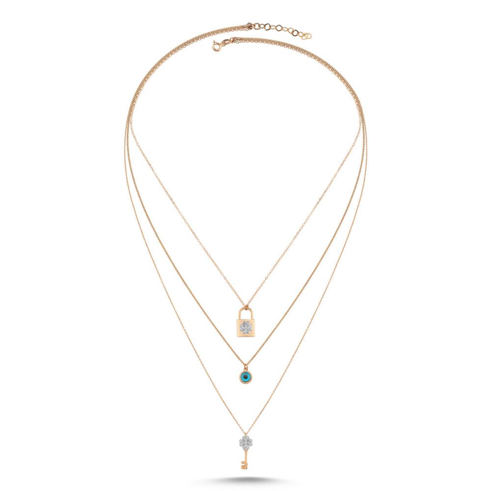 Rose Solid Gold Lock Key Evil Eye Necklace Three Chain
