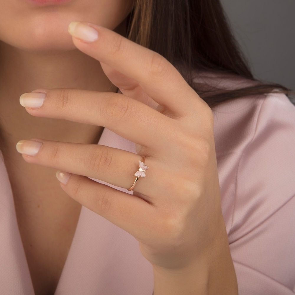 Rose Solid Gold Butterfly Ring Pearl 14K