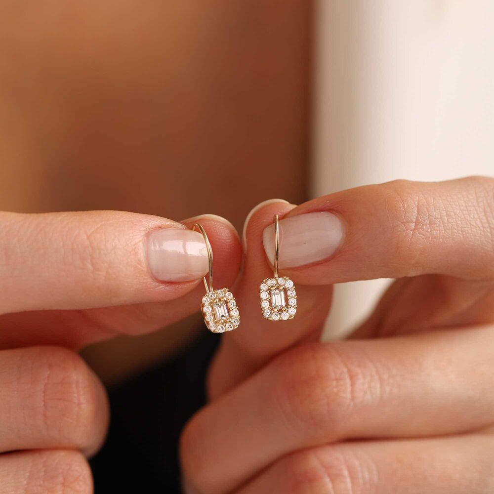 Dangle Solid Gold Kids Earrings Baguette Form