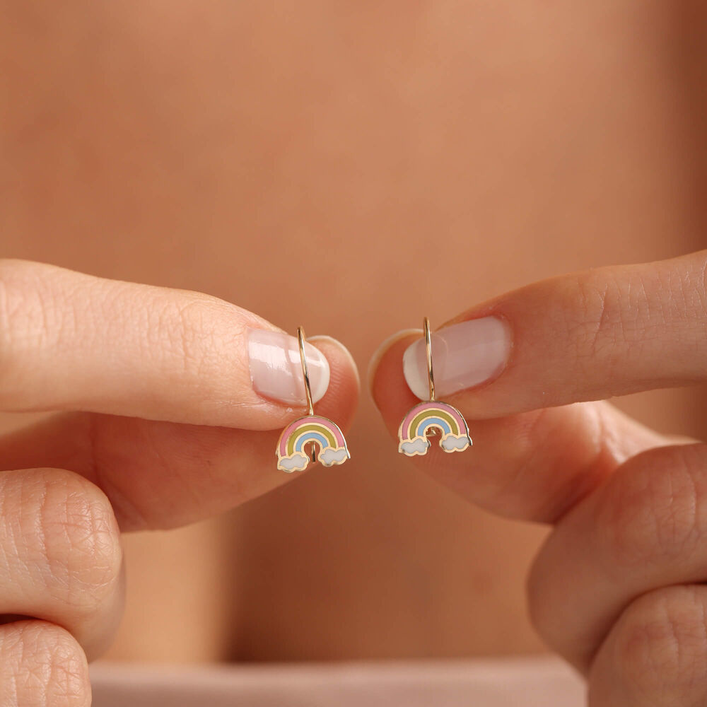 Dangle Solid Gold Kids Earrings Rainbow Form Enamel