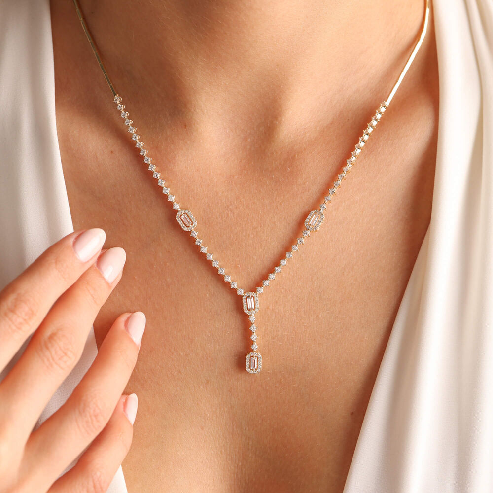 Yellow Solid Gold Set 8K Baguette Design Necklace,Earrings,Bracelet