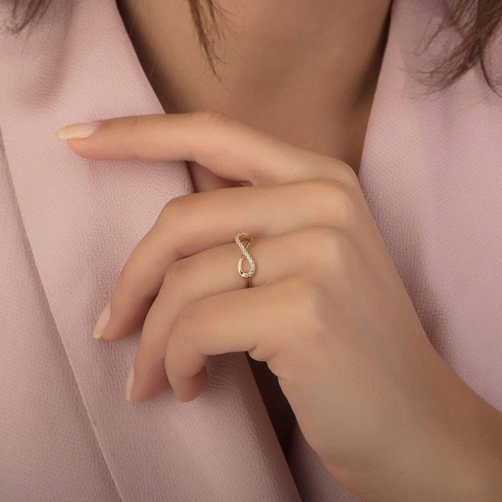 Infinity Solid Gold Ring Single Row With Gemstone 14K