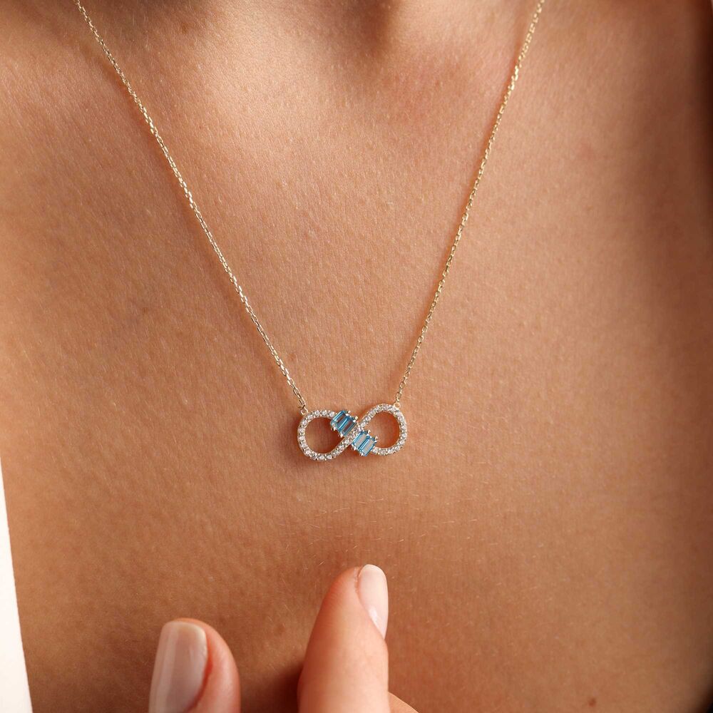 Infinity Solid Gold Necklace Aquamarine Stone