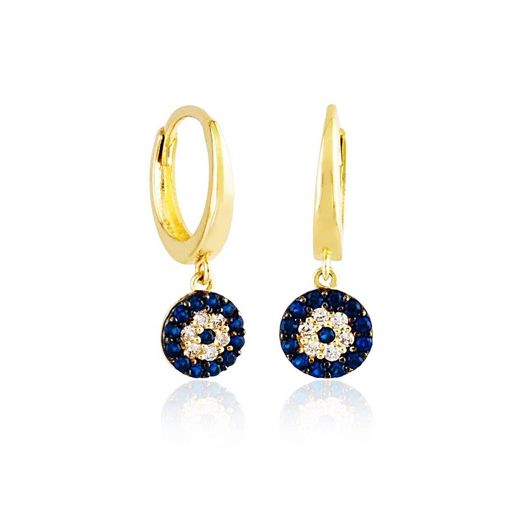 14K Solid Gold Dangle Evil Eye Earrings With Gemstone