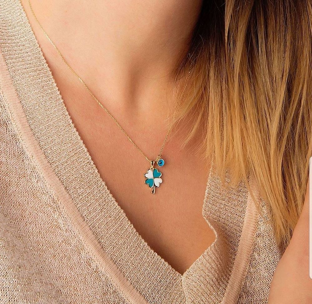 Clover Solid Gold Heart Necklace Enamel 14K Solid Gold