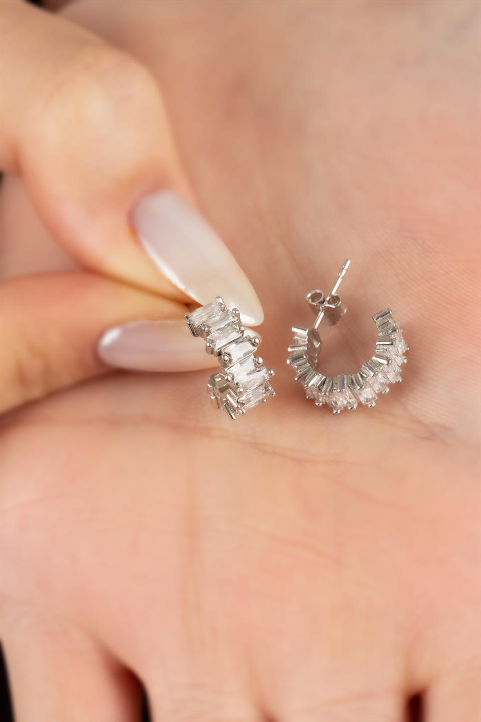 Silver Baguette Gemstone Hoop Earrings