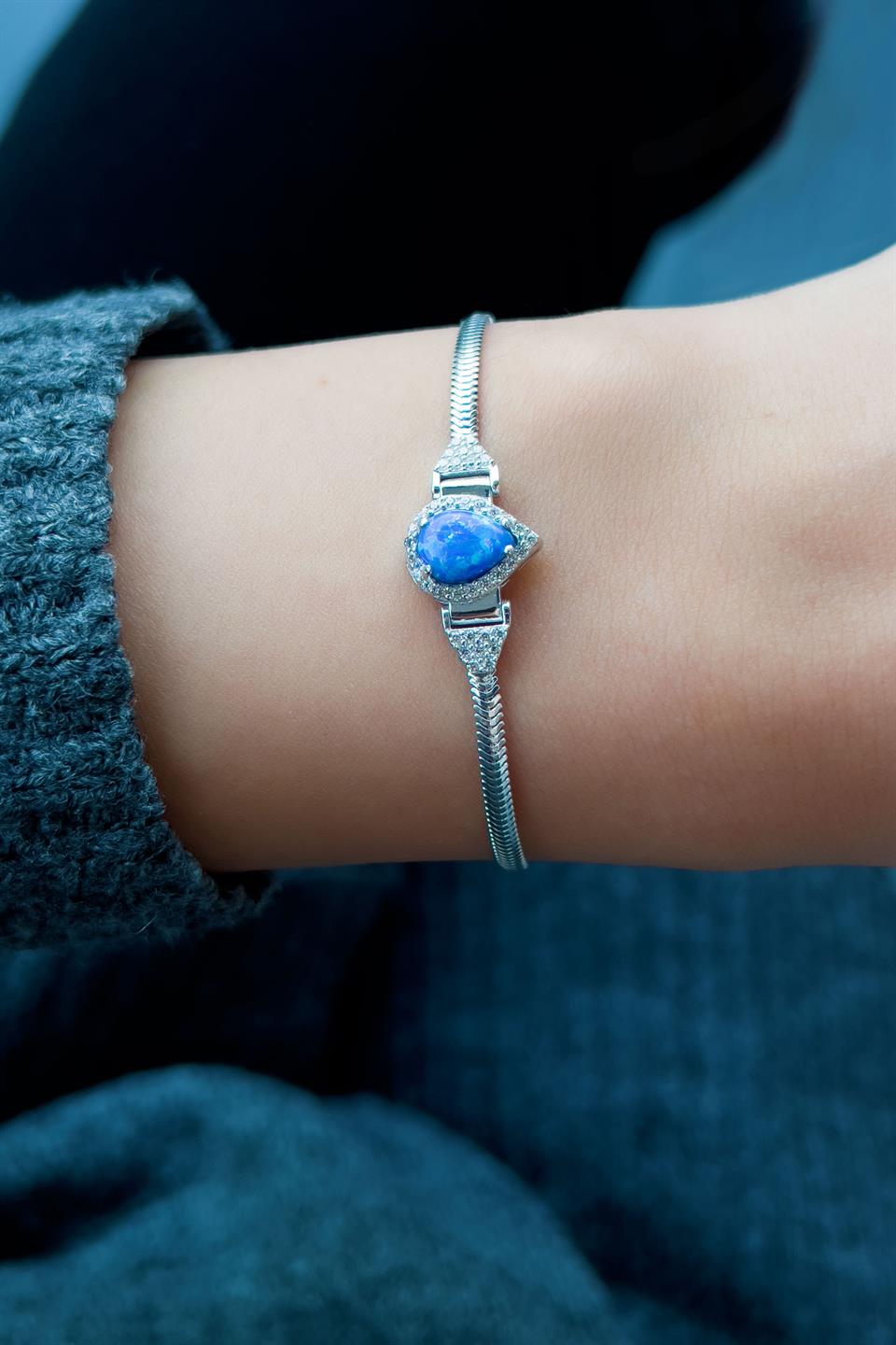 Silver Drop Blue Opal Gemstone Bracelet
