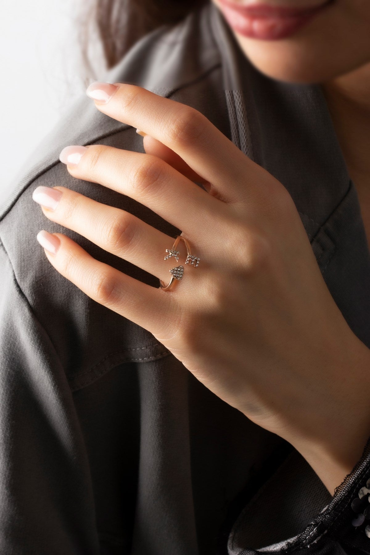 Silver Double Initial Heart Hugging Letters Ring