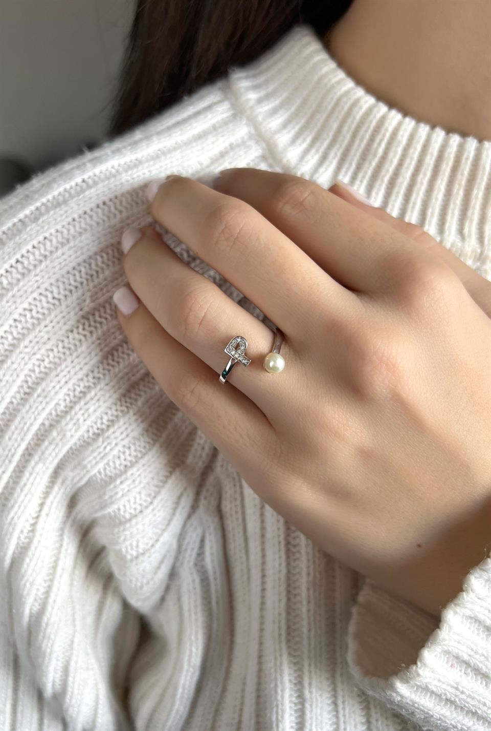 Silver Pearl Gemstone Initial Ring