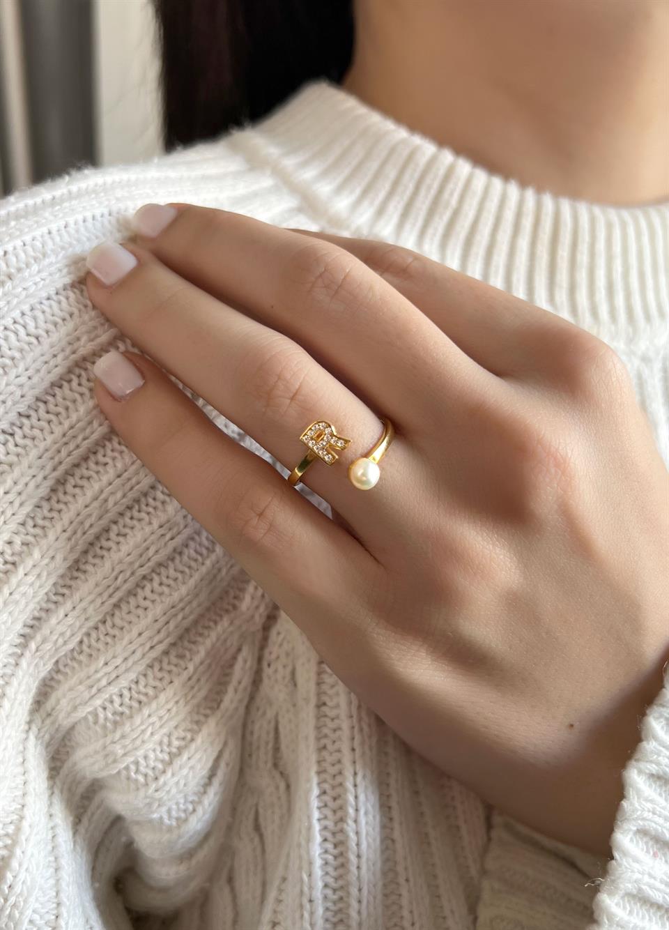 Silver Pearl Gemstone Initial Ring