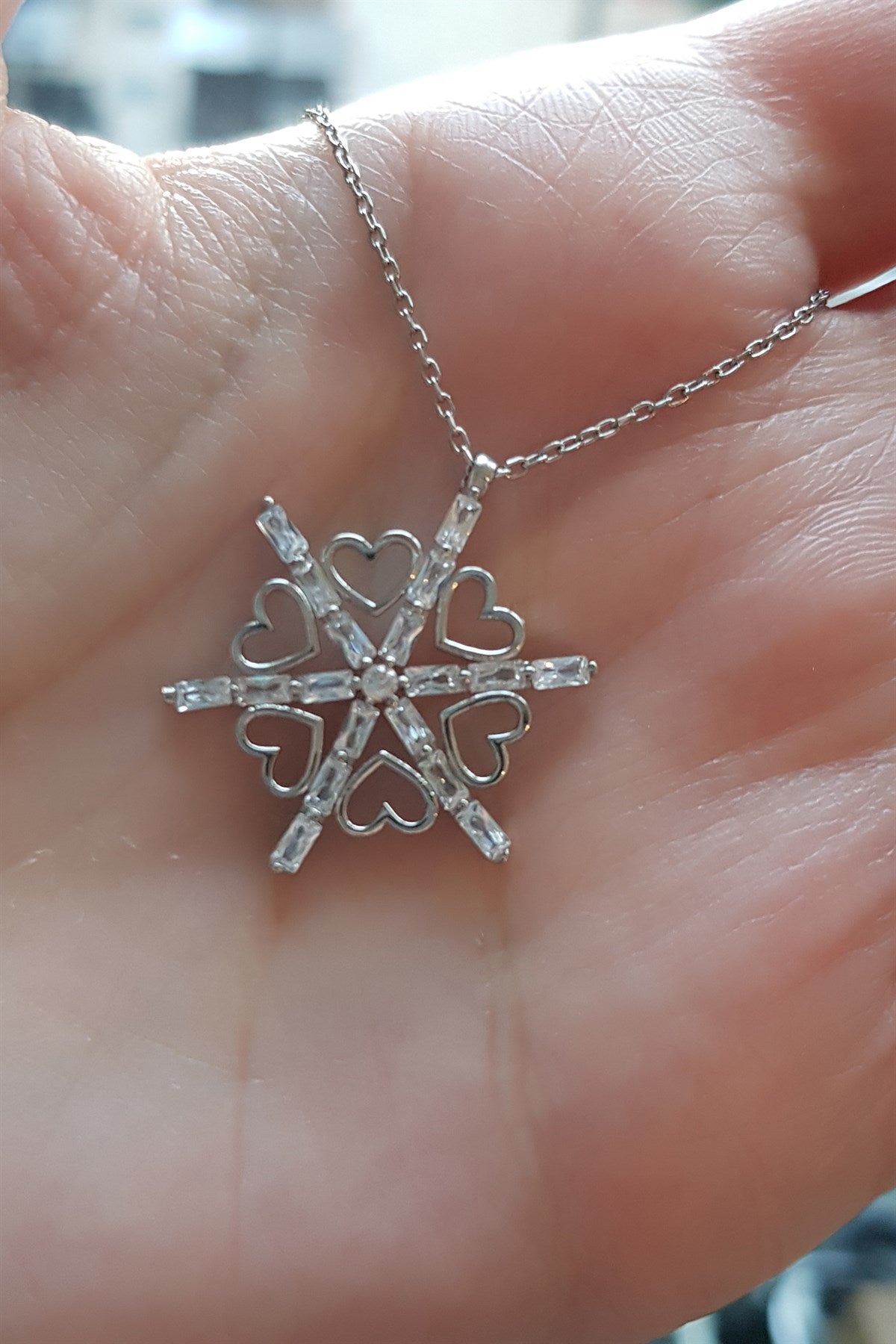 Silver Heart Baguette Gemstone Snowflake Necklace
