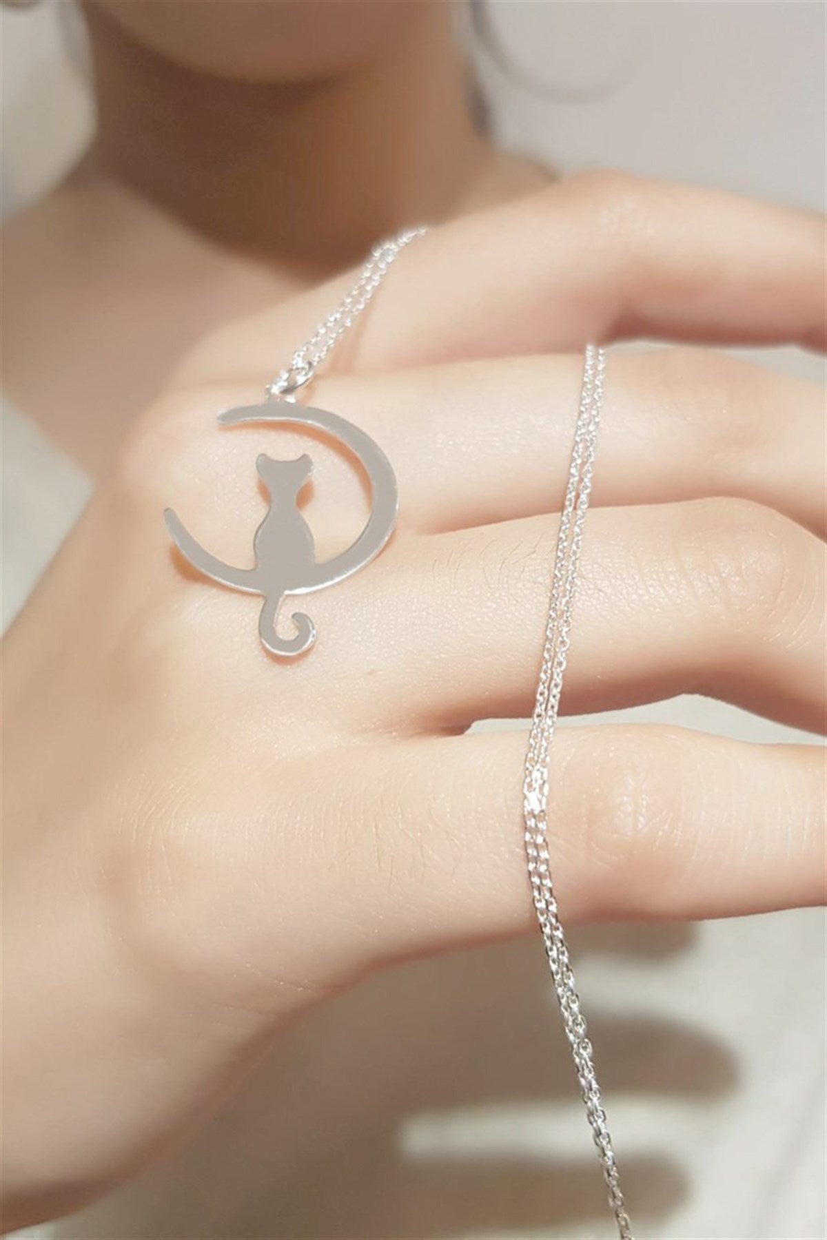Collier Lune Chat Argent