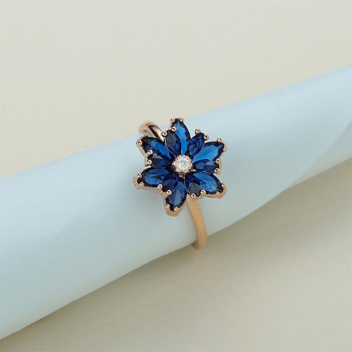 Silver Navy Blue Gemstone Lotus Flower Necklace Ring Mini Set