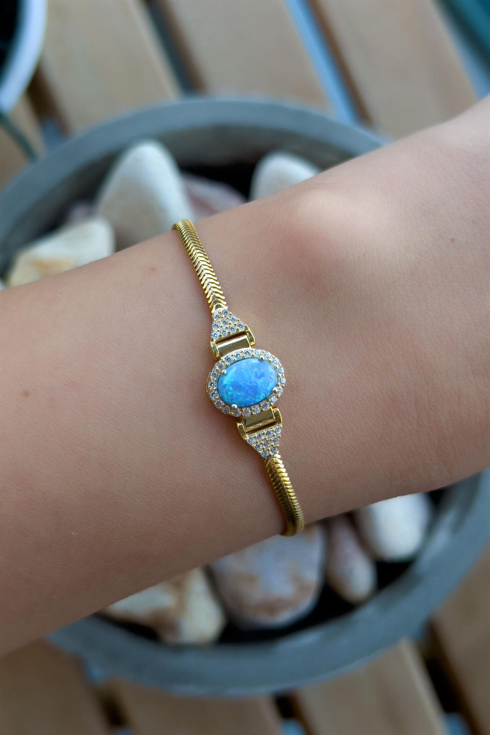 Pulsera de piedras preciosas de ópalo azul plateado