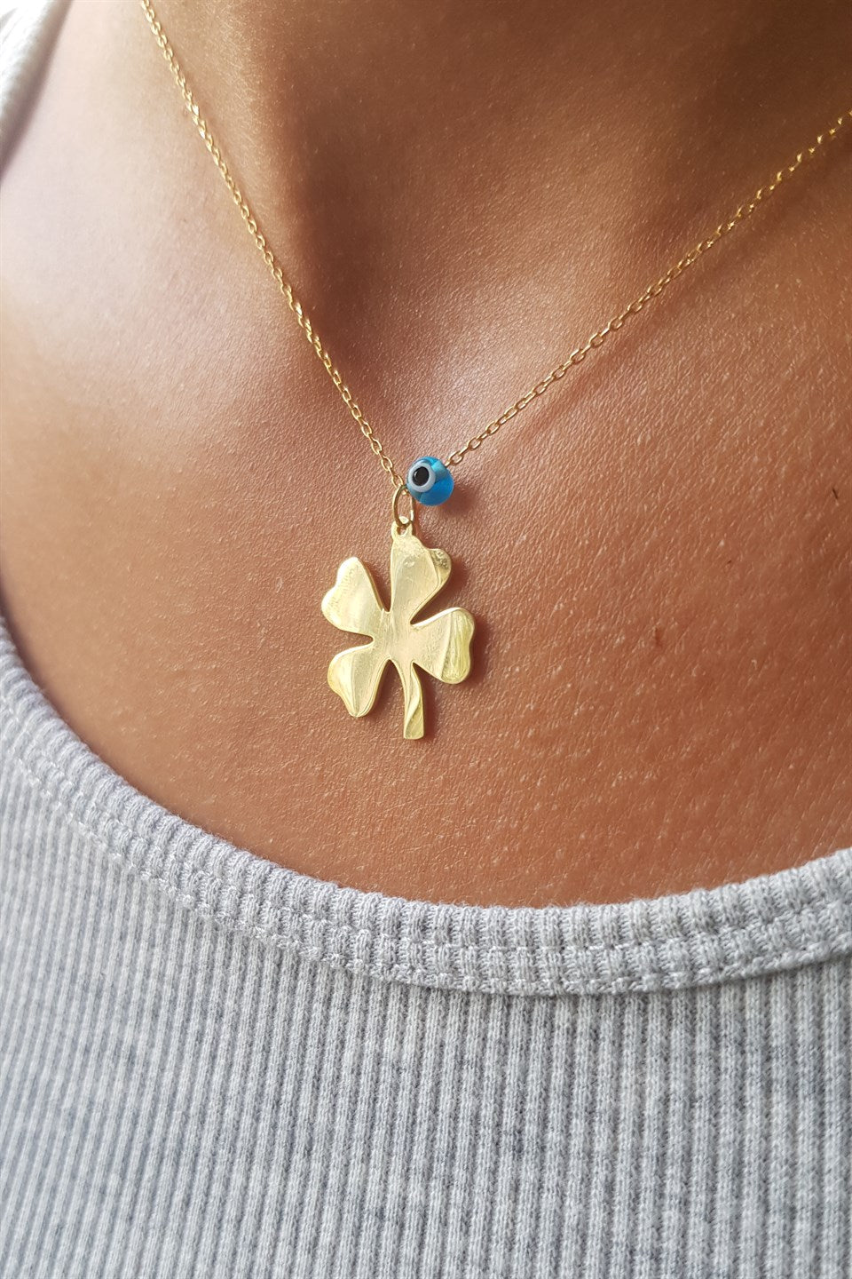 Silver Evil Eye Clover Necklace