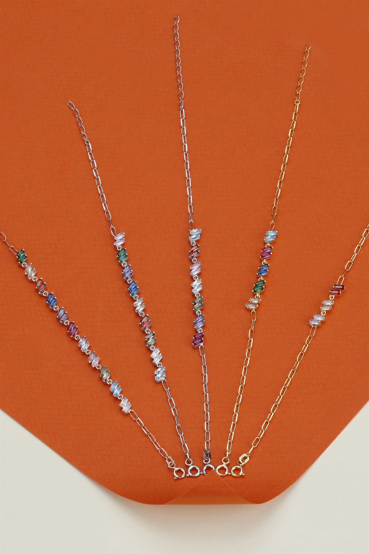 Silver Colorful Baguette Gemstone Chain Bracelet
