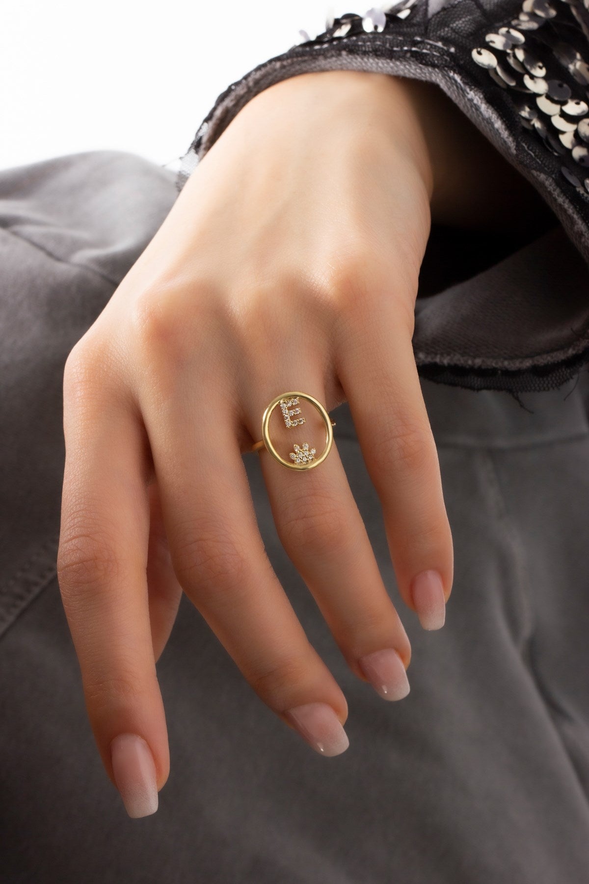 Silver Gemstone Adjustable Oval Form Initial Ring