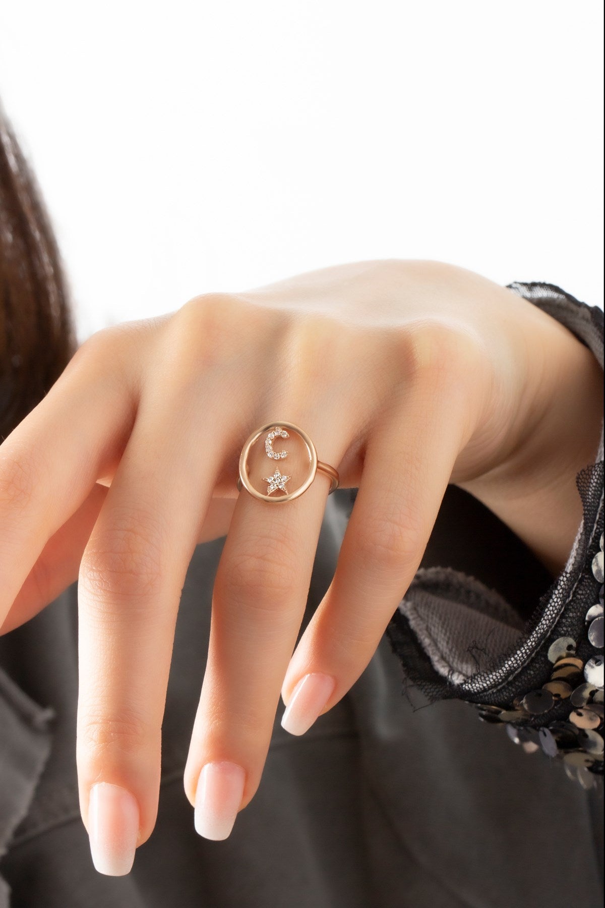 Silver Gemstone Adjustable Oval Form Initial Ring