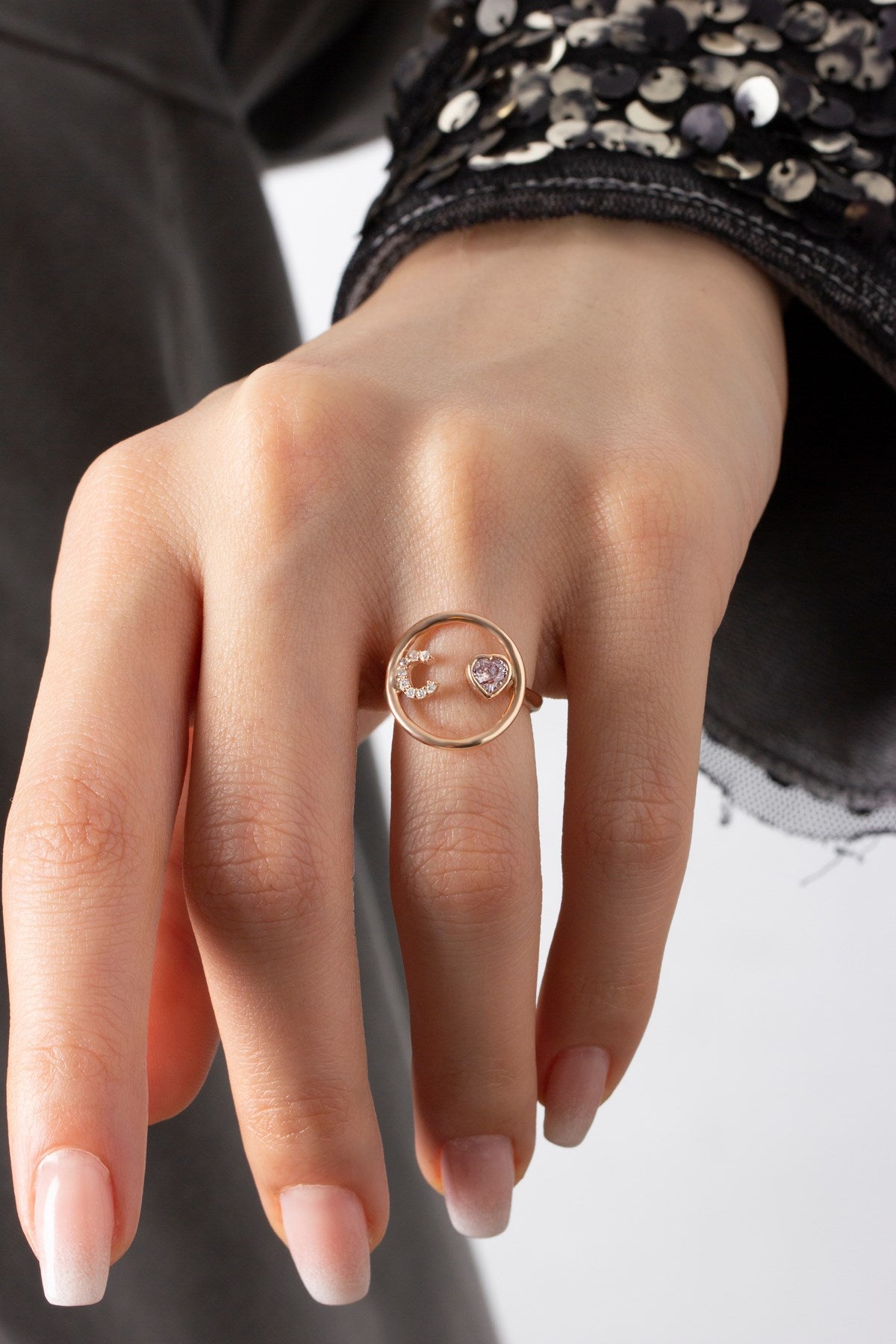 Silver Gemstone Adjustable Round Form Initial Birth Stone Ring