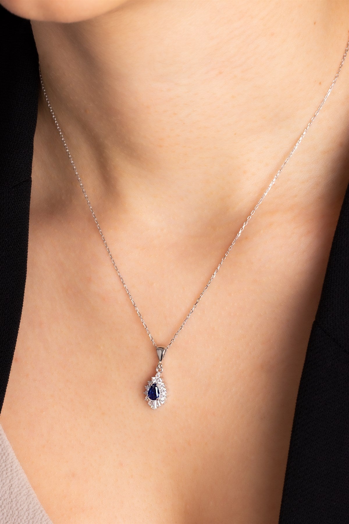 Silver Drop Sapphire Gemstone Necklace
