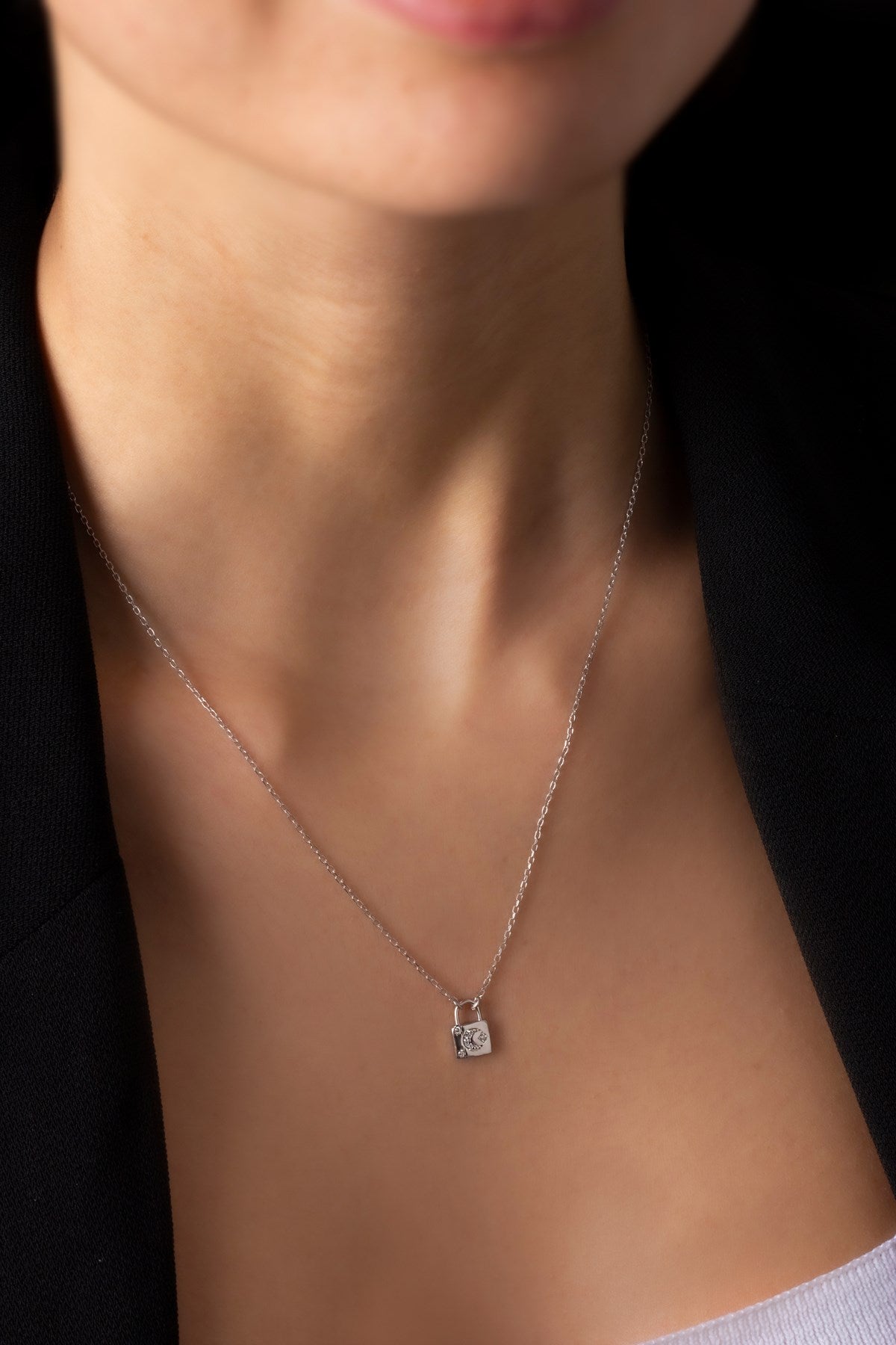 Silver Gemstone Minimal Crescent Moon Lock Necklace