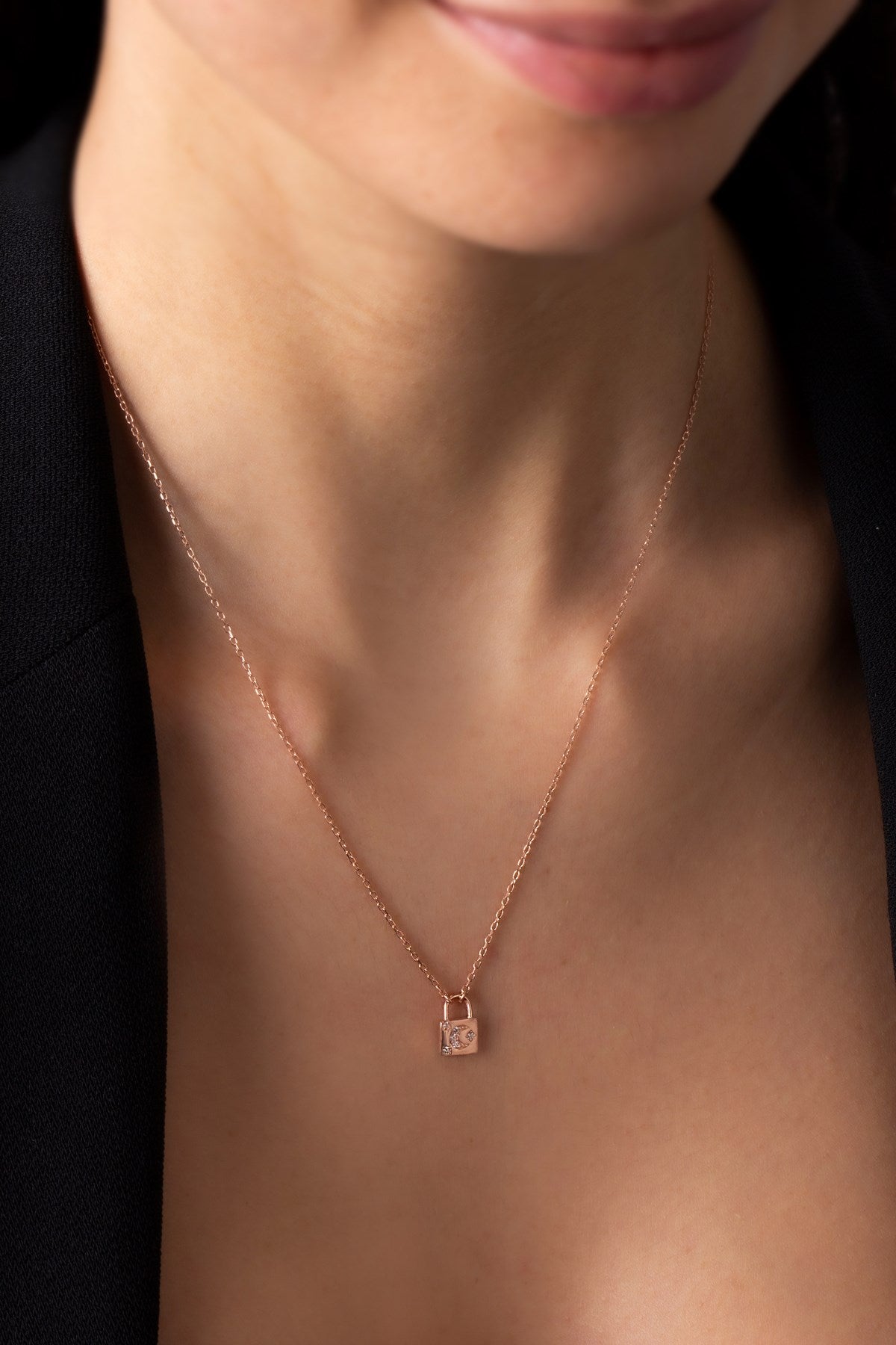 Silver Gemstone Minimal Crescent Moon Lock Necklace