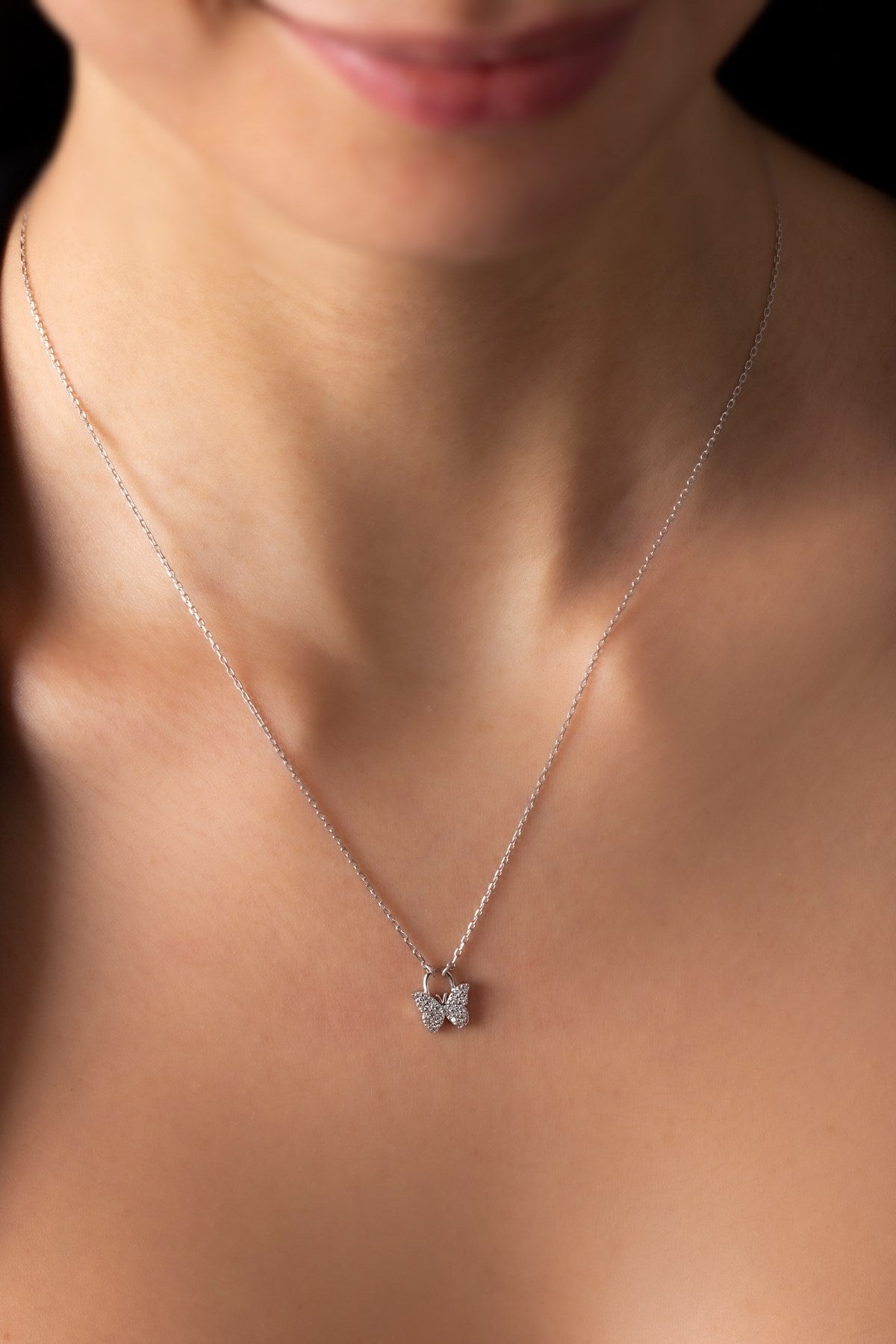 Silver Gemstone Minimal Butterfly Necklace