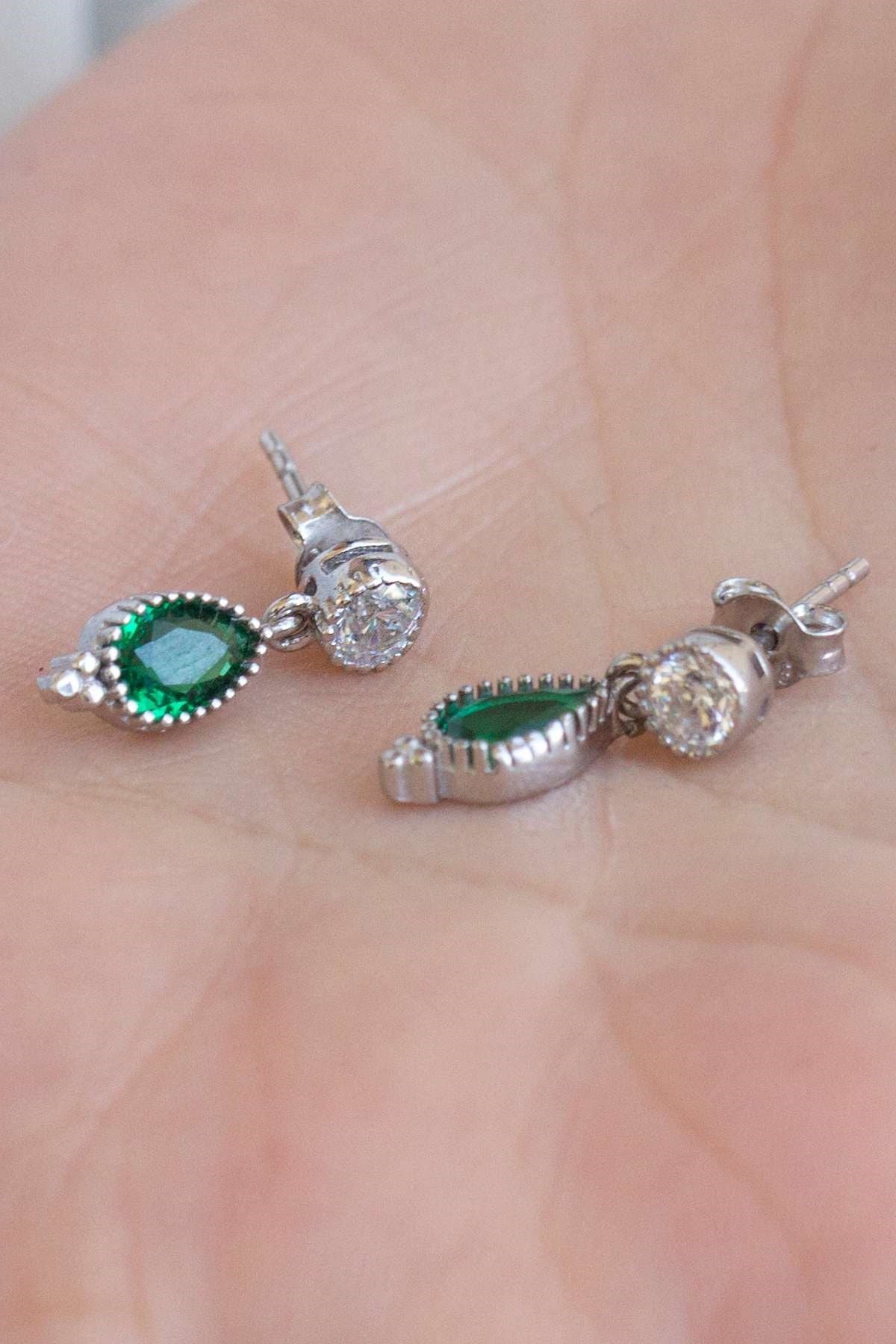 Silver Green Gemstone Drop Earrings