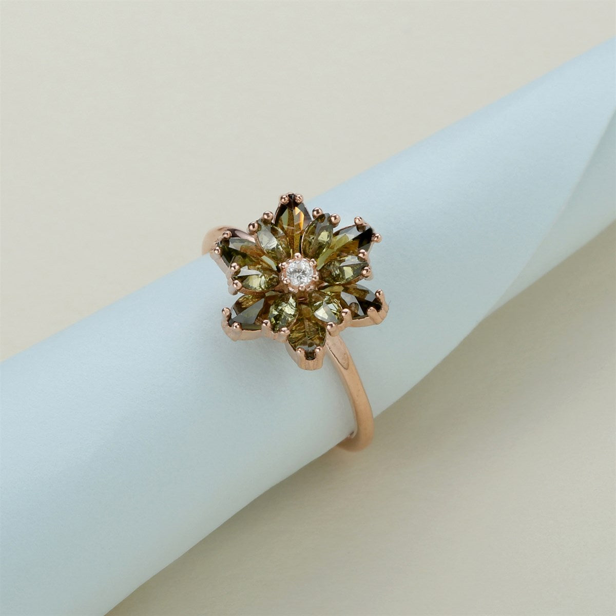 Silver Green Gemstone Lotus Flower Necklace Ring Mini Set