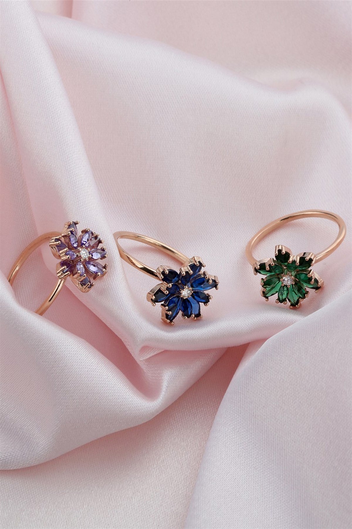 Silver Green Gemstone Lotus Camellia Flower Ring