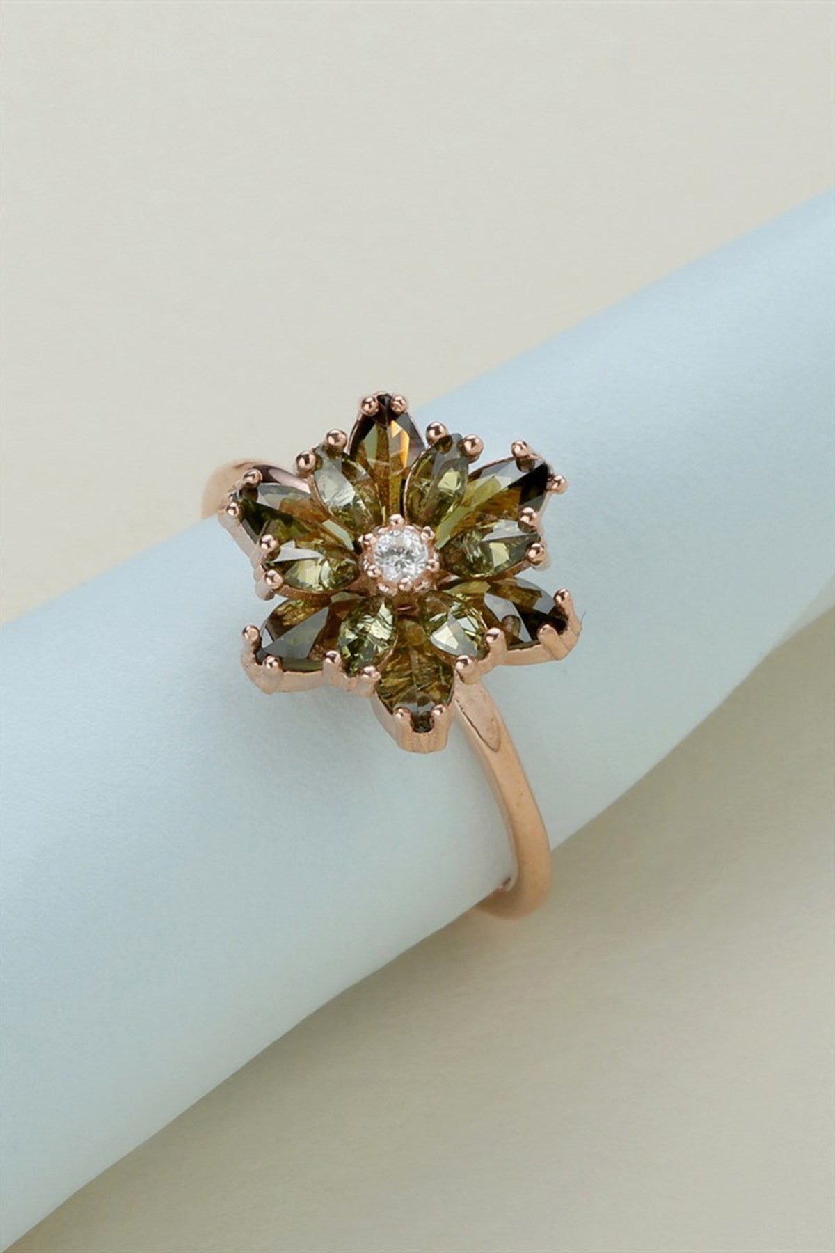 Silver Green Gemstone Lotus Camellia Flower Ring