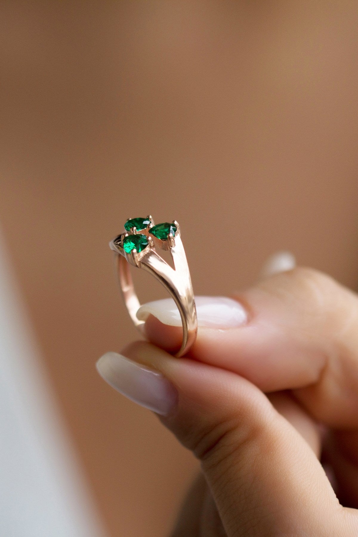 Silver Green Gemstone Three Stoness Ring