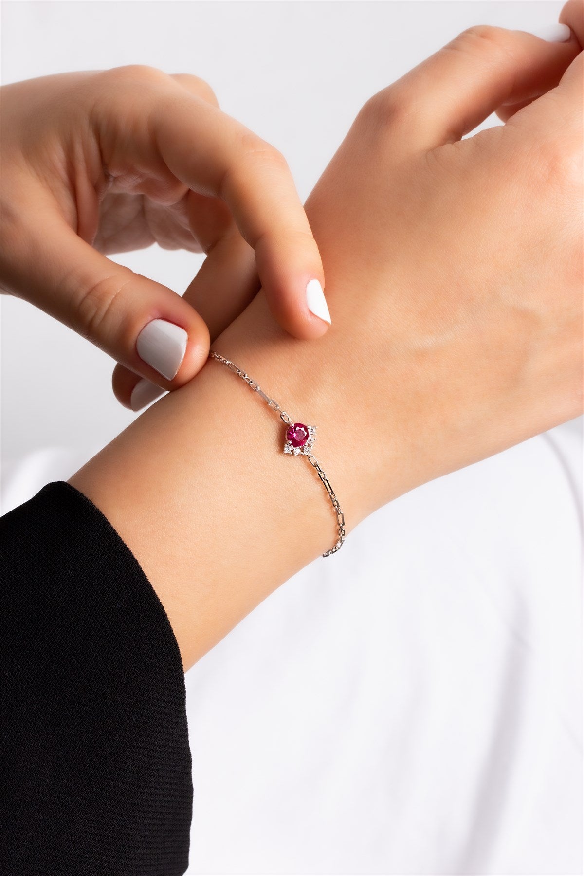 Silver Round Ruby Gemstone Necklace Earrings Bracelet Set