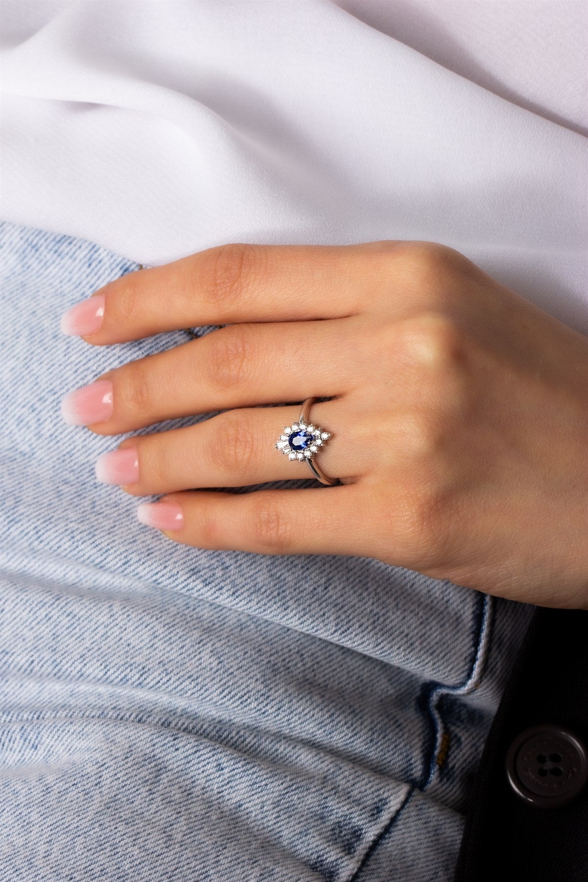 Silver Sapphire Drop Gemstone Ring