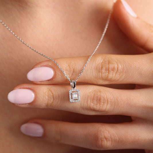 0.12 Carat Baguette Diamond Necklace 14K White Solid Gold