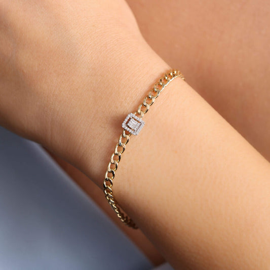 0.15 Carat Baguette Diamond Bracelet 14K Yellow Solid Gold