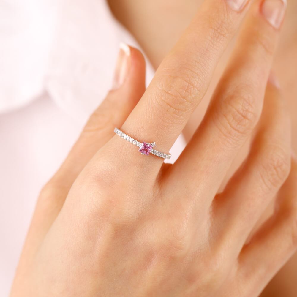 0.38 Carat Diamond Ring White Solid Gold Pink Sapphire