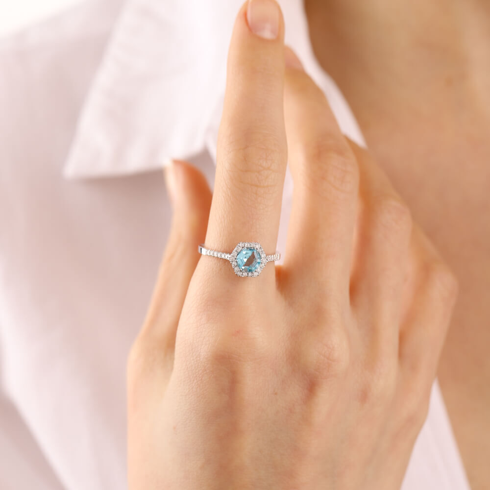 0.99 Carat Diamond Blue Topaz Ring White Solid Gold