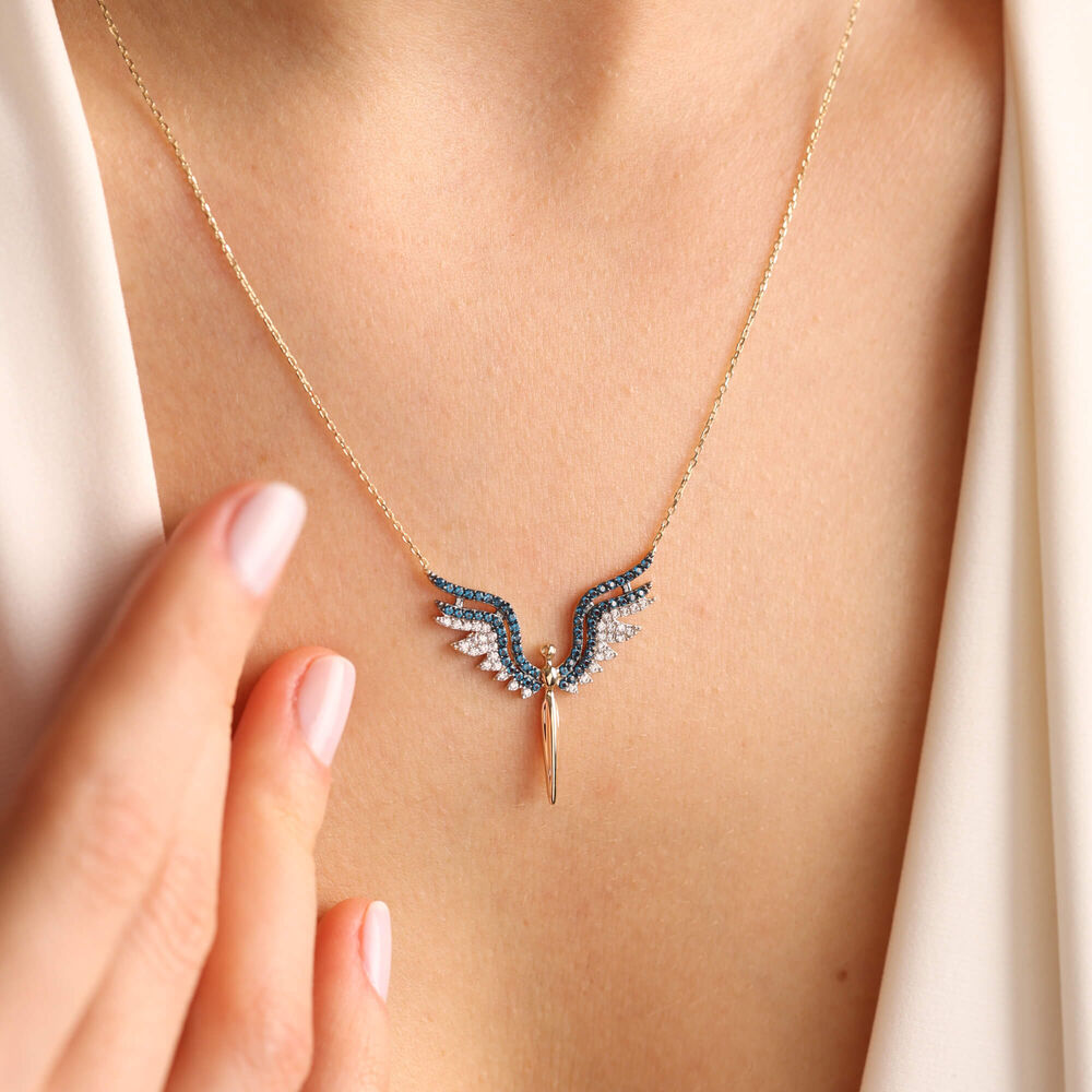 14K Solid Gold Angel Necklace Blue Topaz