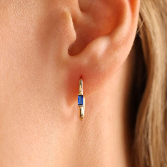 14K Solid Gold Baguette Earrings Sapphire